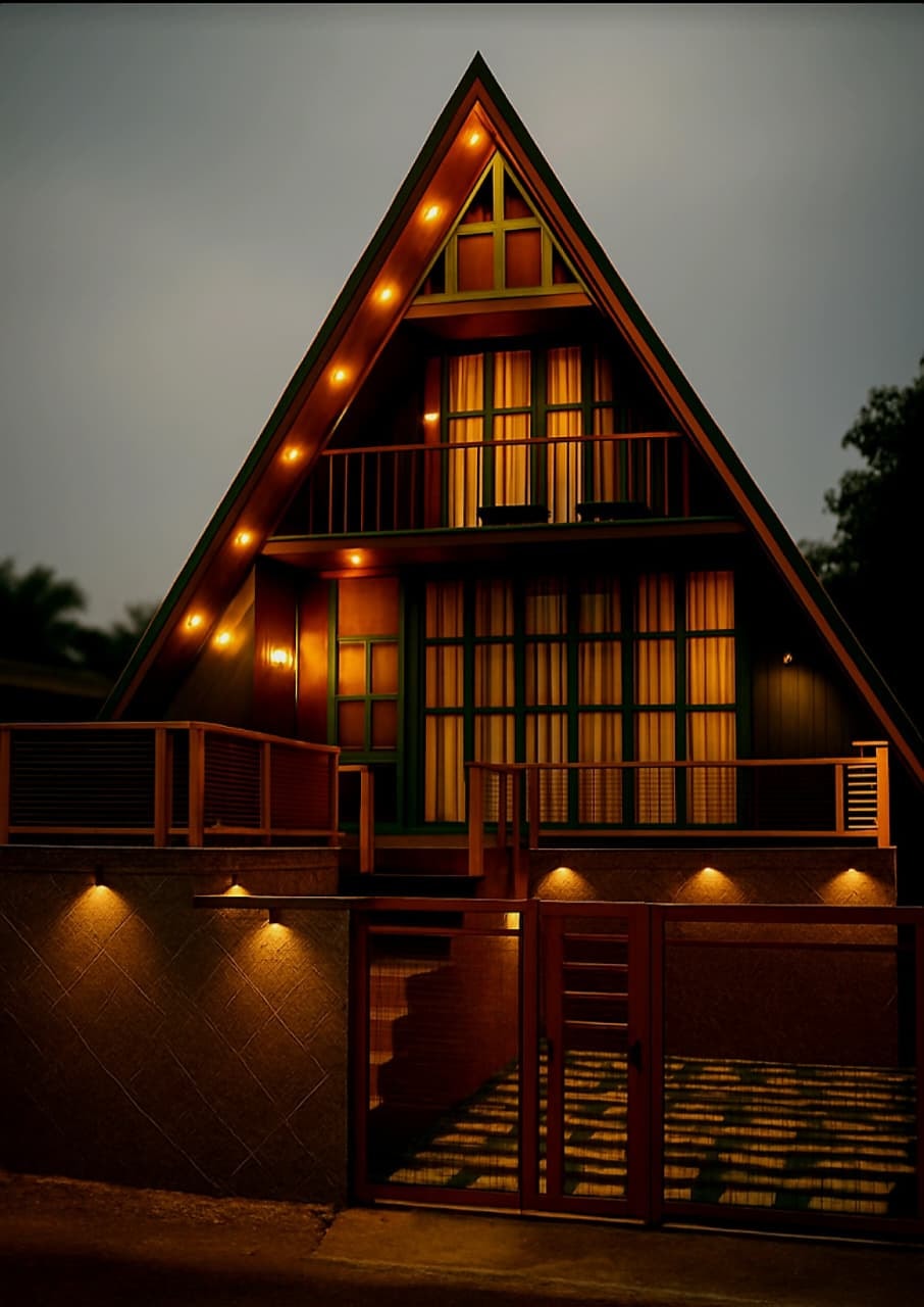 Wooden A-frame cottage nestled in the forest hills